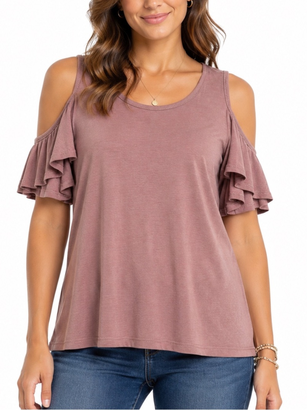 Lavender Field Mauve Cold Shoulder Ruffle Top Size Medium Modal Keyhole Boho
